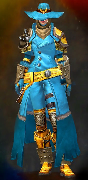 Guild Wars 2 Human Medium Female Karma Armor Set - Dyed Blue & Gold - Rubicon