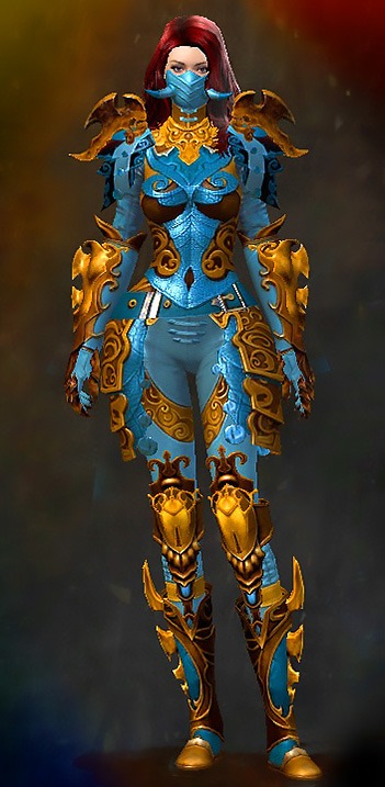 Female WvW - Triumphant Hero's Guild Wars 2 Human Medium Female WvW Armor Set - Dyed Blue & Gold - Triumphant Hero's
