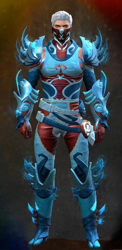 Guild Wars 2 Human Medium Male End of Dragons Armor Set - Dyed Blue & Gold - Ancient Tahkayun
