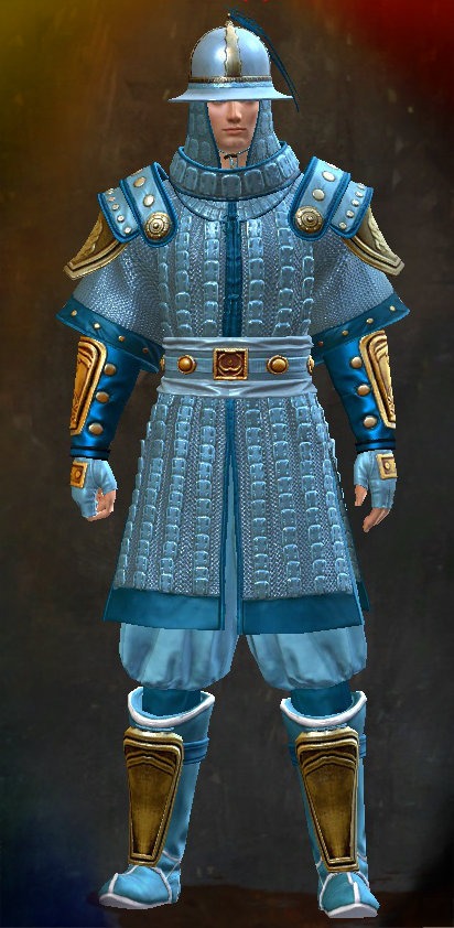 Guild Wars 2 Human Medium Male End of Dragons Armor Set - Dyed Blue & Gold - Antique