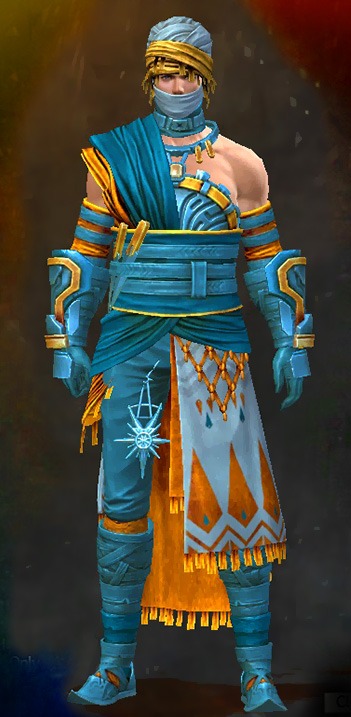 Guild Wars 2 Human Medium Male Path of Fire Armor Set - Dyed Blue & Gold - Elonian