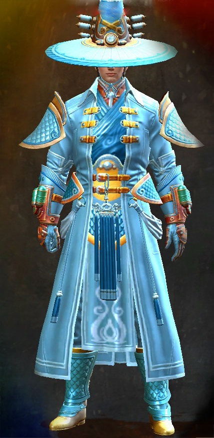 Guild Wars 2 Human Medium Male End of Dragons Armor Set - Dyed Blue & Gold - Jade Tech