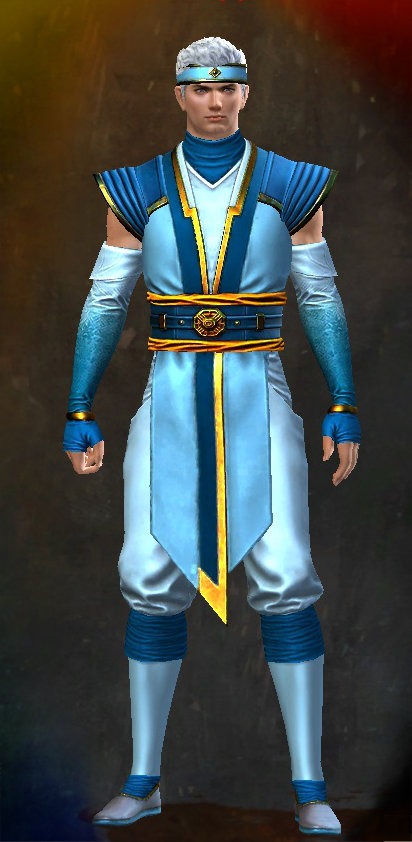 Guild Wars 2 Human Medium Male End of Dragons Armor Set - Dyed Blue & Gold - Monastery
