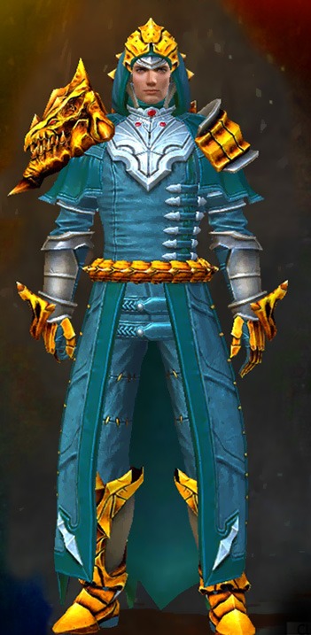 Guild Wars 2 Human Medium Male Crafted Armor Set - Dyed Green & Blue - Refined Envoy