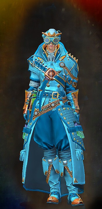 Female - Mad Scientist Guild Wars 2 Human Female Outfit - Dyed Blue & Gold - Mad Scientist