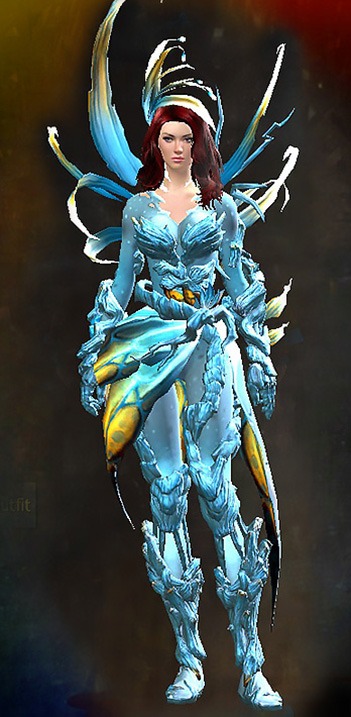 Female - Verdant Executor Guild Wars 2 Human Female Outfit - Dyed Blue & Gold - Verdant Executor