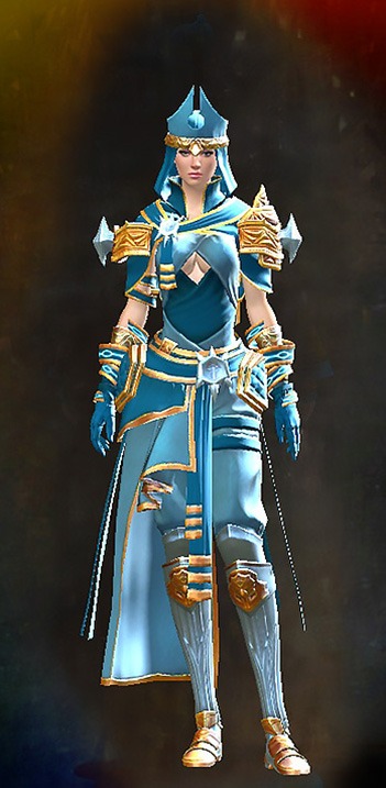 Female - White Mantle Guild Wars 2 Human Female Outfit - Dyed Blue & Gold - White Mantle